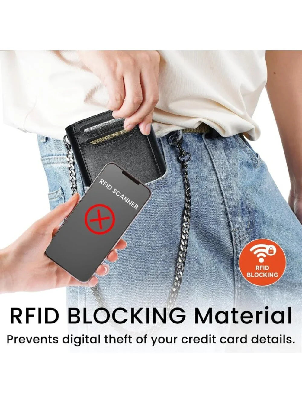 RFID Blocking Genuine Leather Trifold Wallet for Men | Anti-Theft Chain, 12 Card